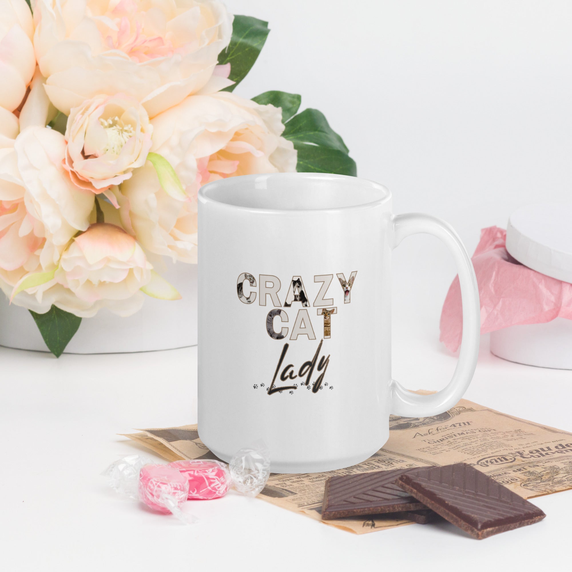 15oz white Crazy Cat Lady Mug featuring whimsical cat illustrations in the letters CRAZY CAT
