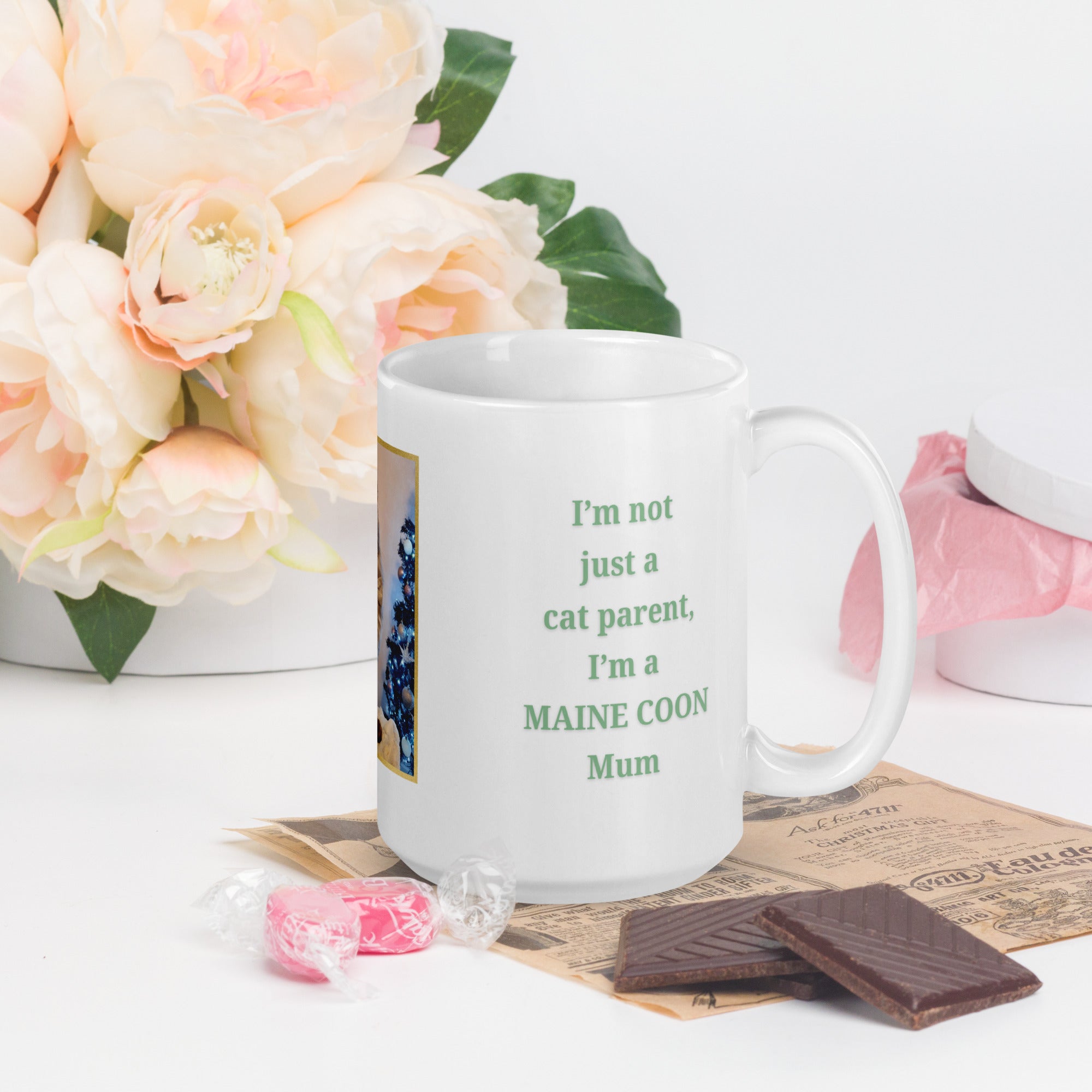 Custom mug displaying “Cat Mum” in green text, a personalised cat photo with a gold border, and the cat breed 