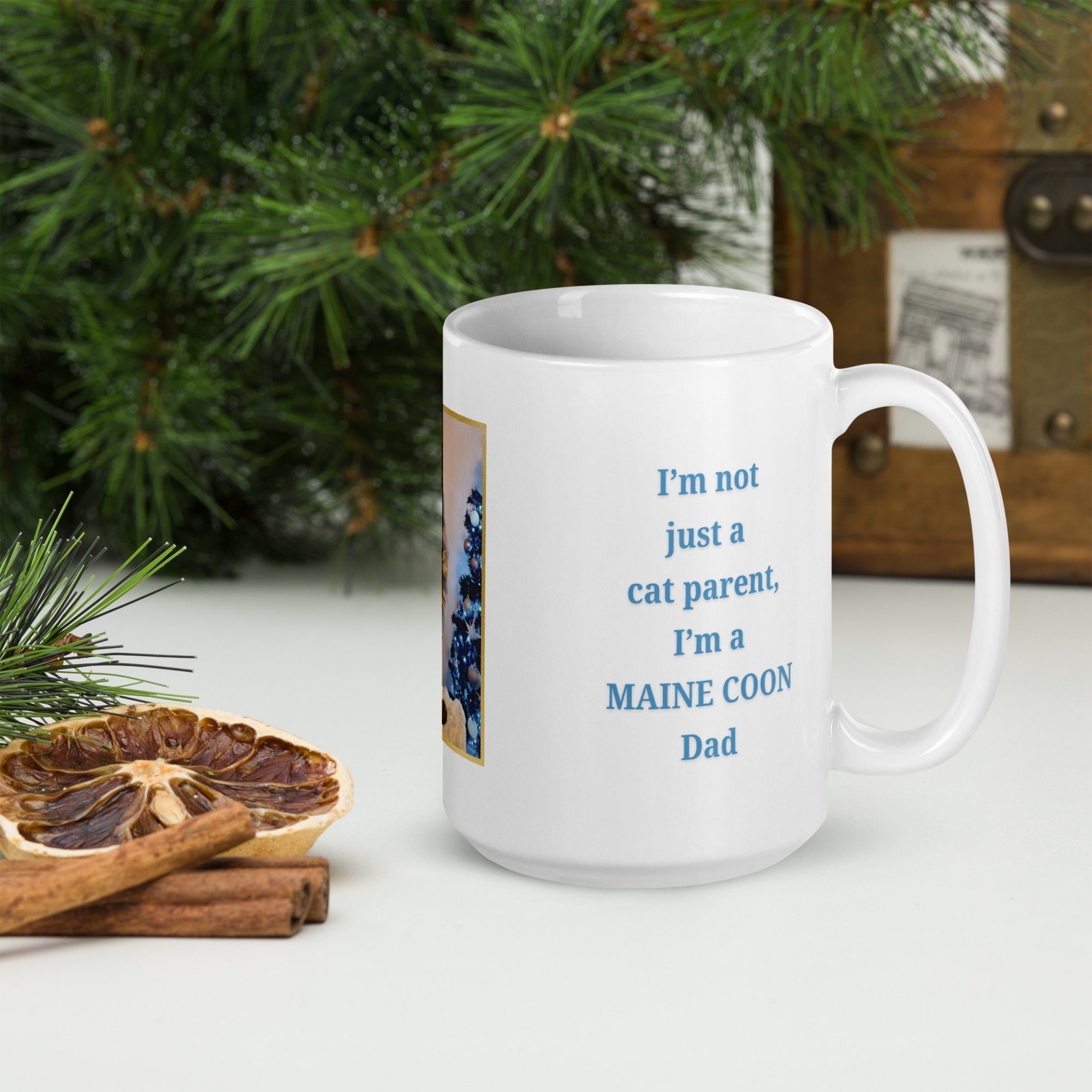 White mug featuring blue “Cat Dad” text, a custom cat photo framed in gold, and the personalised cat breed name