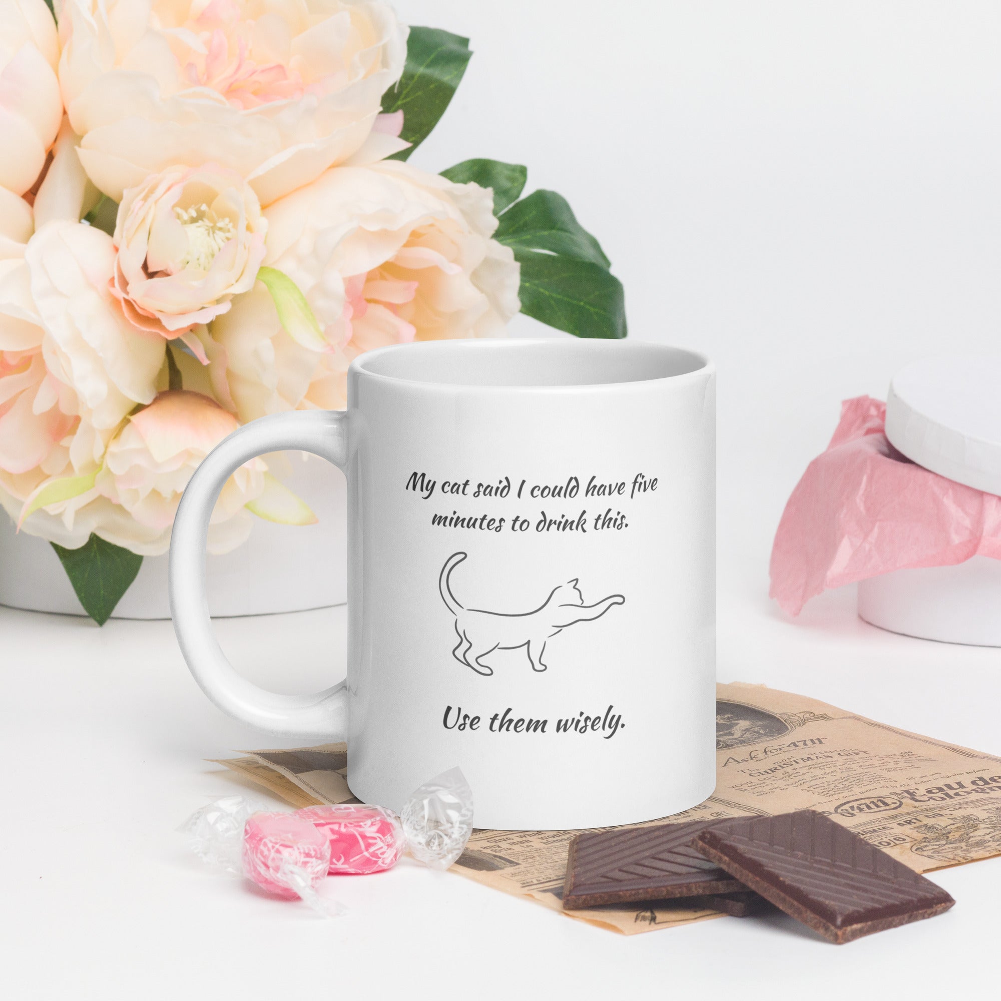 White ceramic mug with “My Cat Said I Could Have 5 Minutes” text and line-art cat, 20oz size