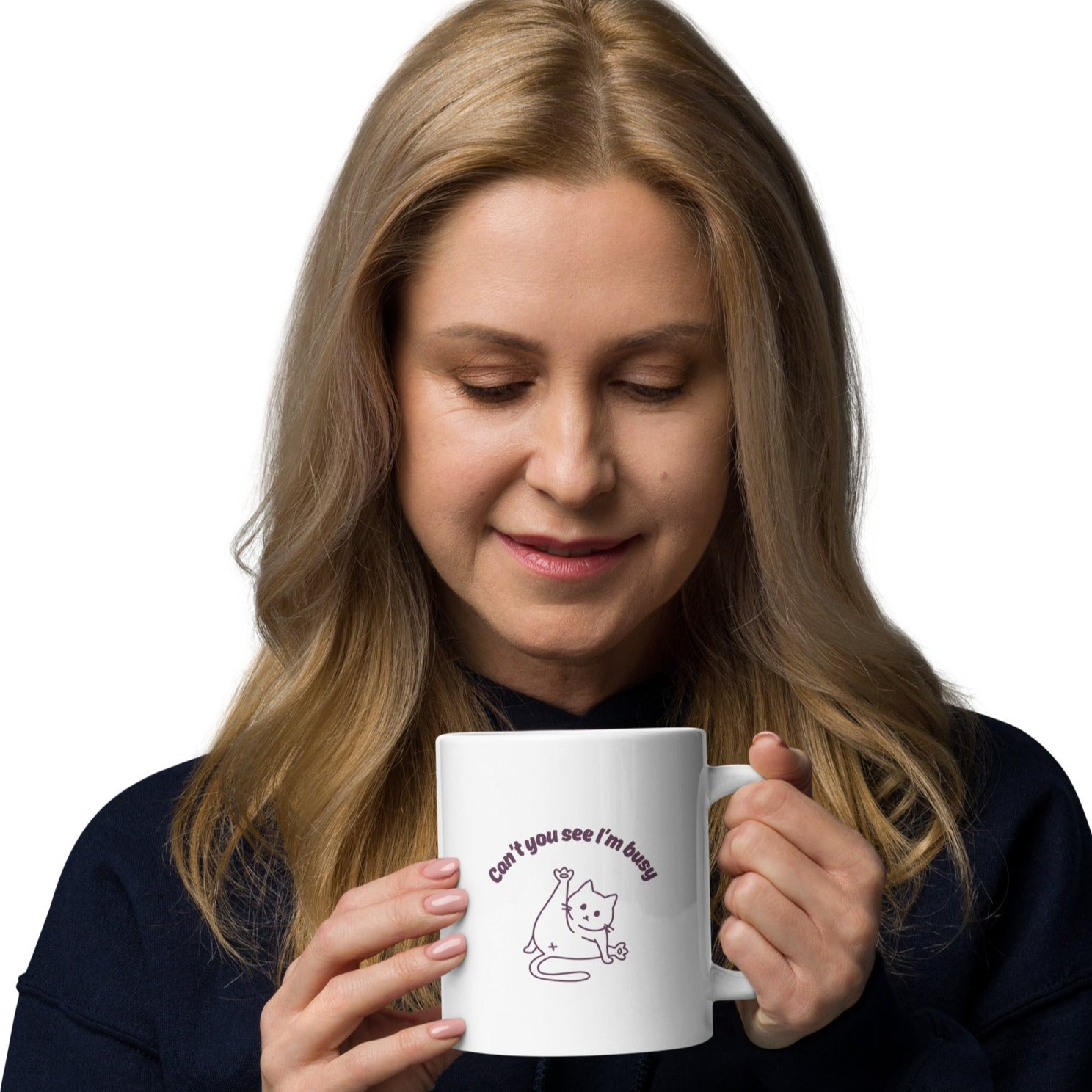 White ceramic mug with “Can’t You See I’m Busy” text and cat illustration, 20oz size