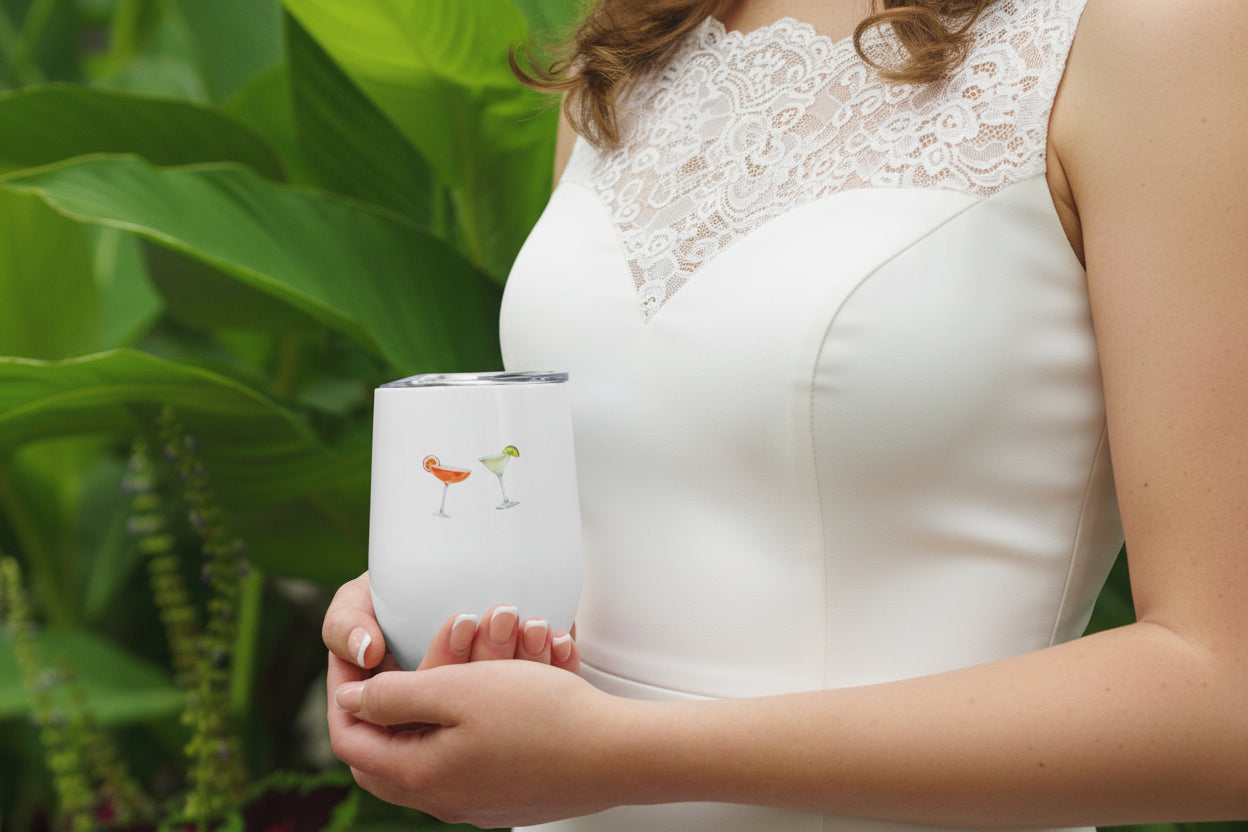 Personalised hen party wine tumbler styled in a bridal celebration setting.