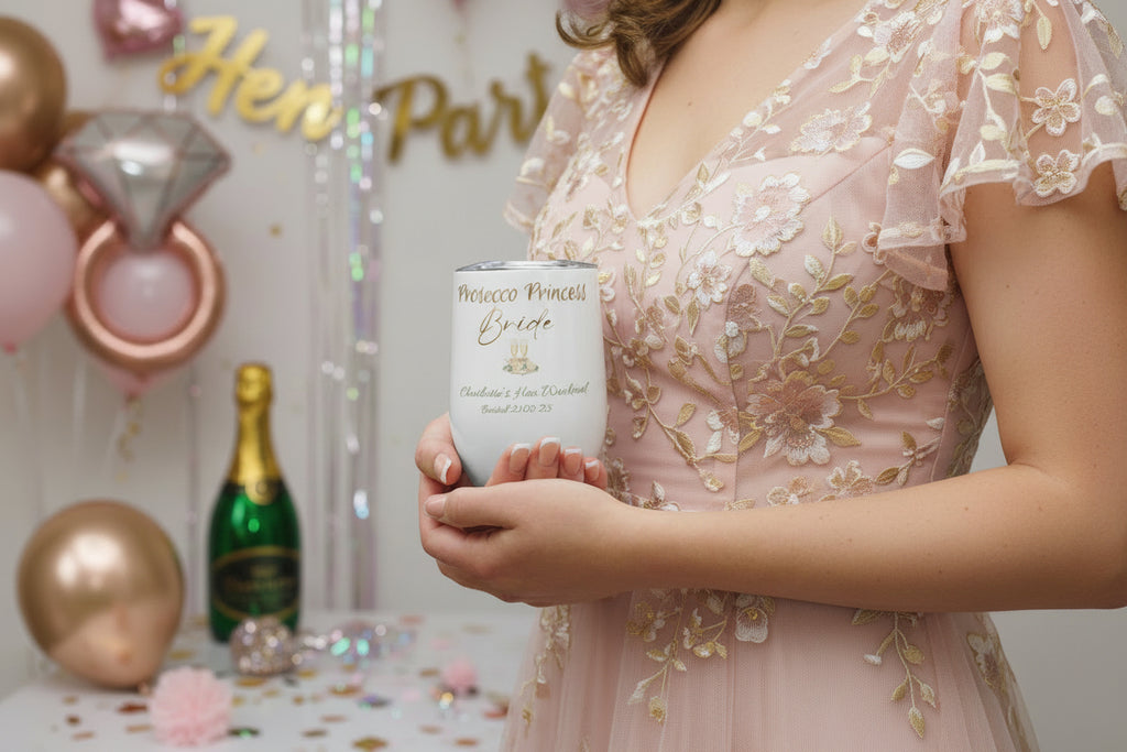 Personalised hen party wine tumbler styled in a bridal celebration setting.