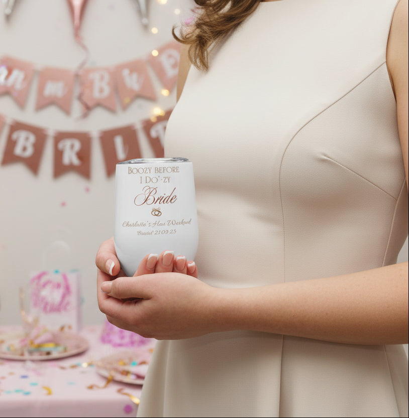 Personalised hen party wine tumbler with metallic effect text, taupe accents and decorative details, shown from the front