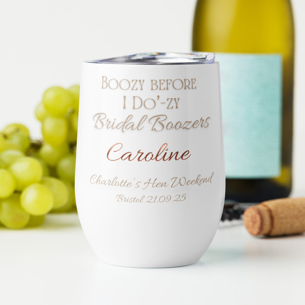 Personalised hen party wine tumbler with metallic effect text, taupe accents
