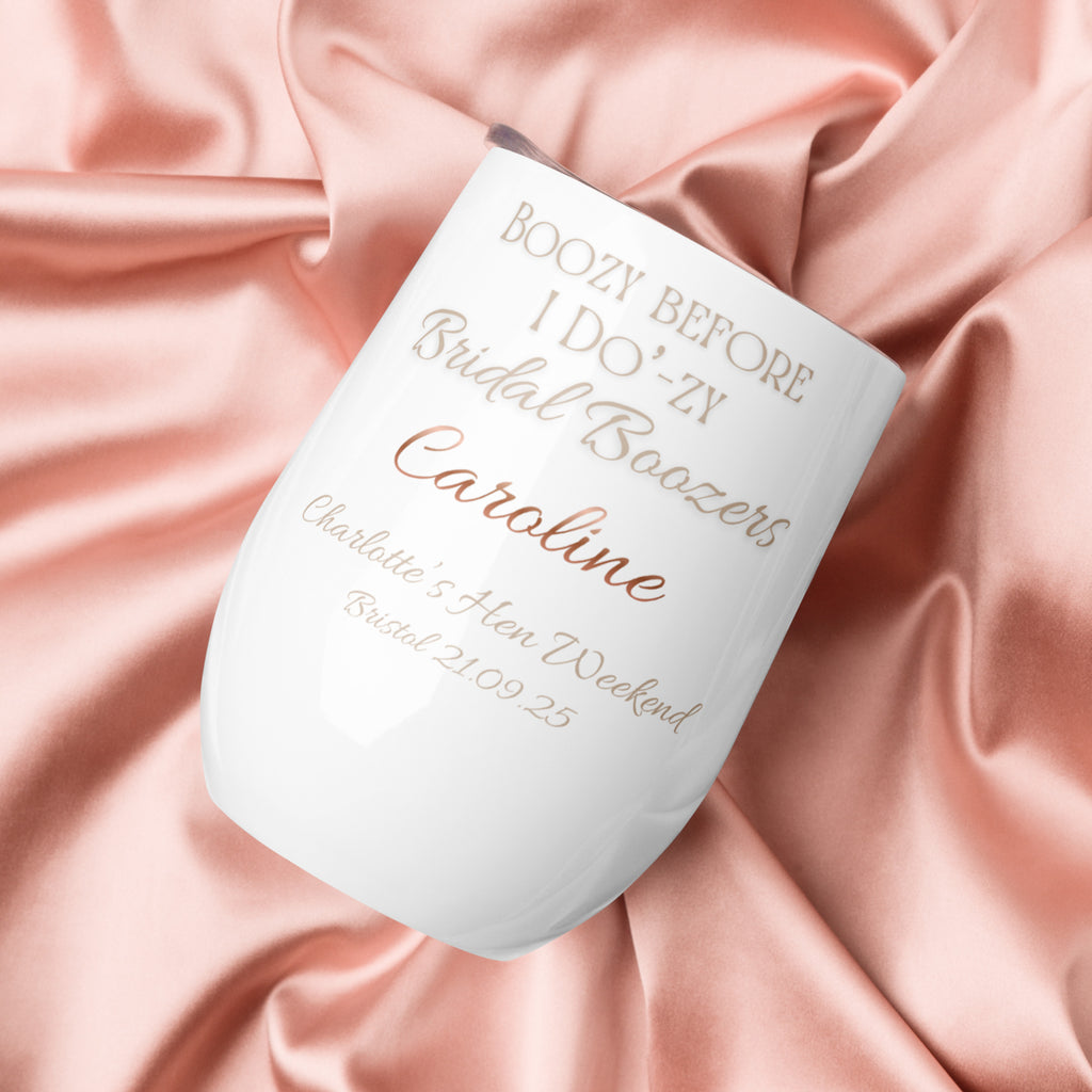 Personalised hen party wine tumbler with metallic effect text, taupe accents, shown from the front