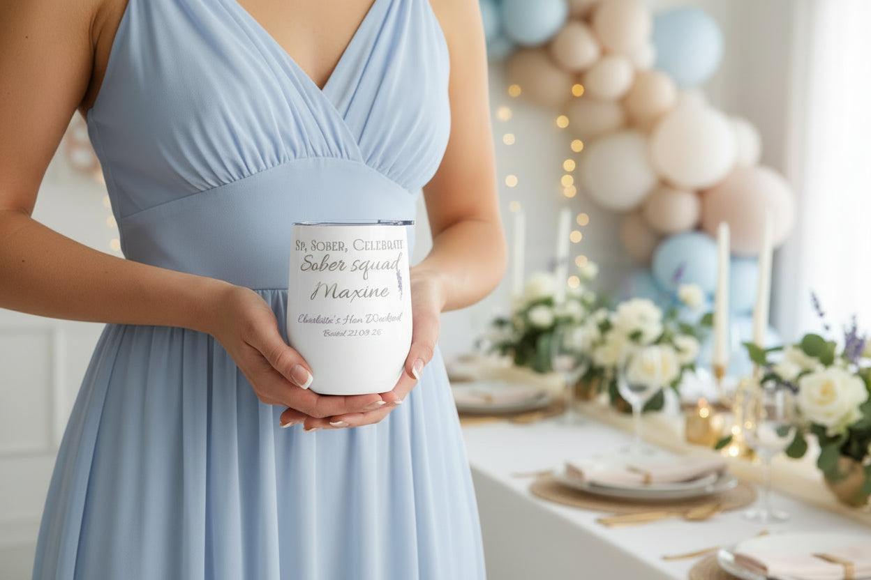 Personalised hen party tumbler with metallic effect text, mauve accents and floral details, shown from the front