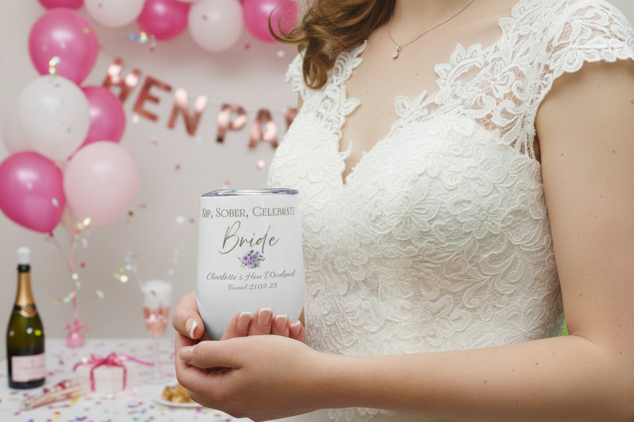 Personalised hen party wine tumbler styled in a bridal celebration setting