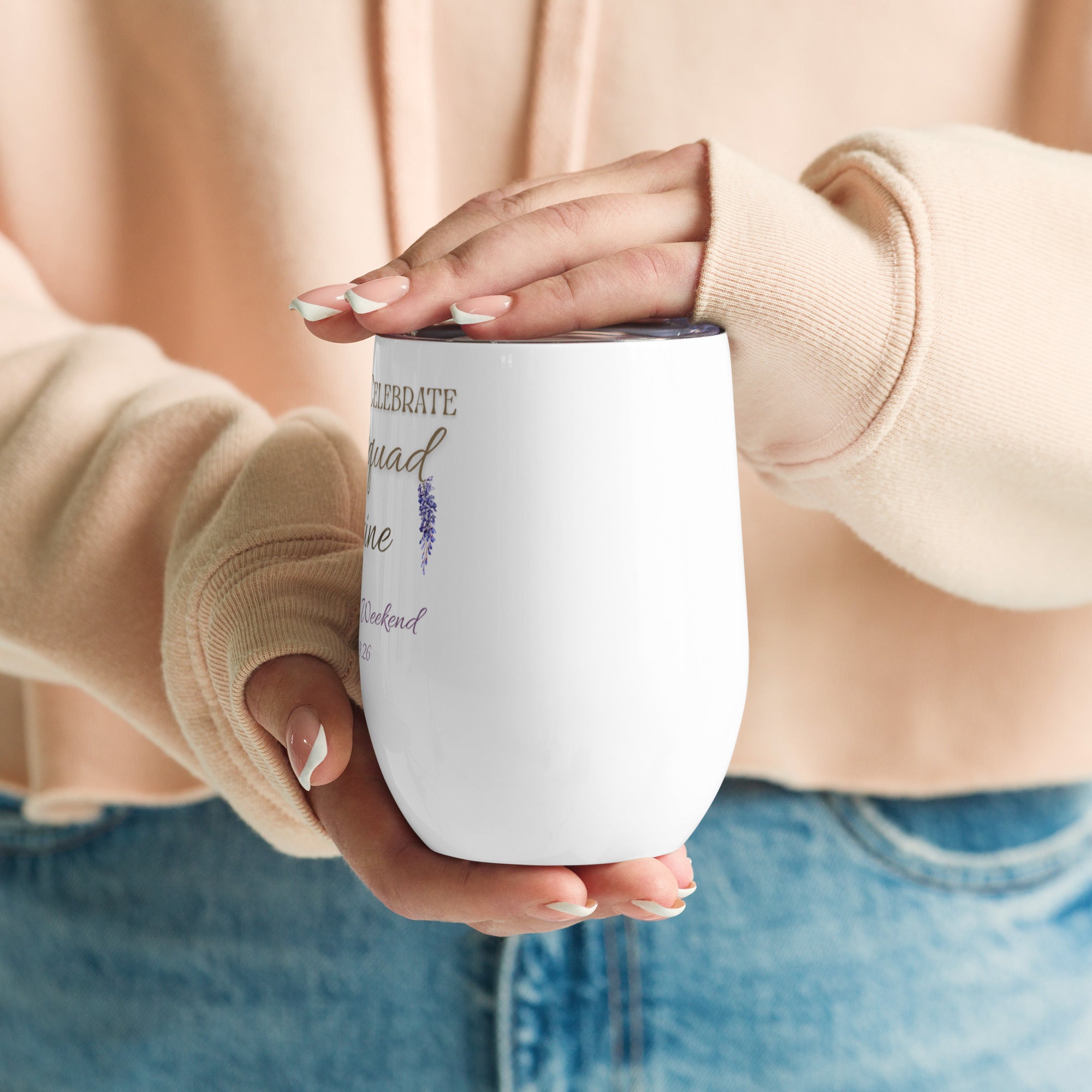 Side view of personalised hen party wine tumbler showing wraparound design and metallic text.